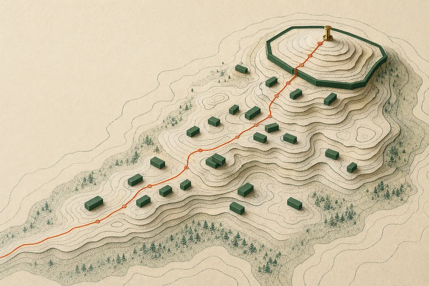 Topographic paper terrain with container-shaped markers following a measured route to a bounded plateau